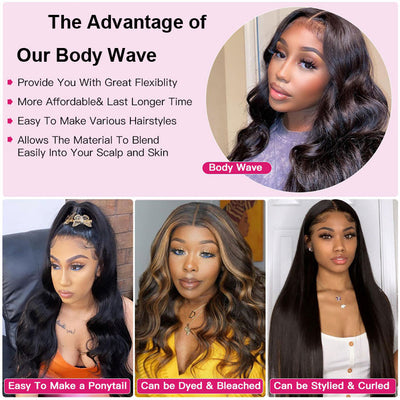 Body Wave 13x6 Lace Front Wig Human Hair Pre Plucked 12"-32" Transparent Lace Long Wigs for Women