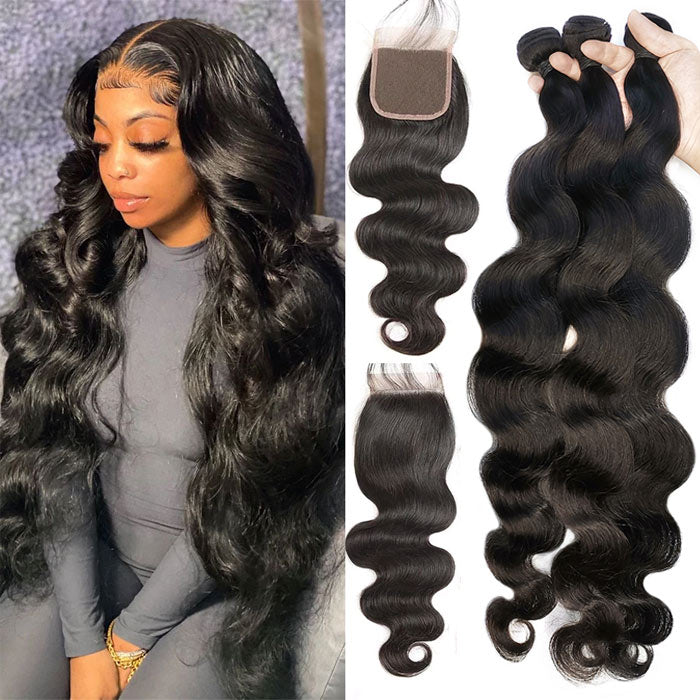 Body Wave Virgin Hair Bundles with Transparent Lace Closure Free Middle Three Part You Can Choose