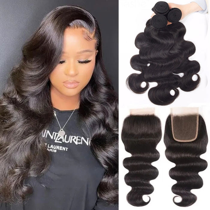 Body Wave Virgin Hair Bundles with Transparent Lace Closure Free Middle Three Part You Can Choose