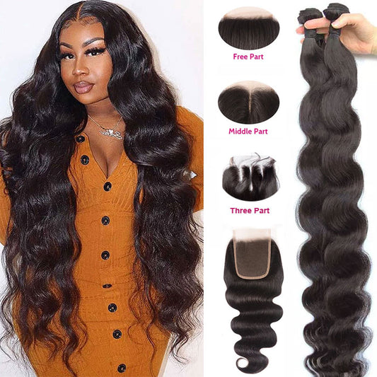 Body Wave Virgin Hair Bundles with Transparent Lace Closure Free Middle Three Part You Can Choose