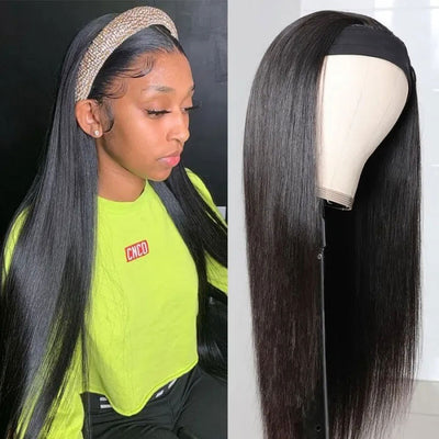 Bone Straight Headband Wig Virgin Human Hair Beginner Friendly Scarf Wig for Women