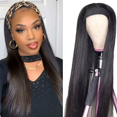 Bone Straight Headband Wig Virgin Human Hair Beginner Friendly Scarf Wig for Women