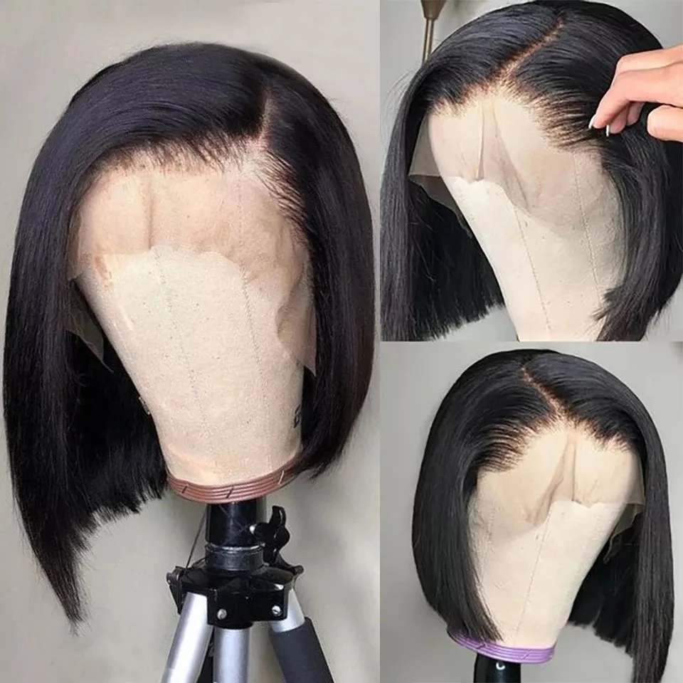 Bone Straight Short Bob Lace Front Wig Virgin Human Hair Pre Plucked