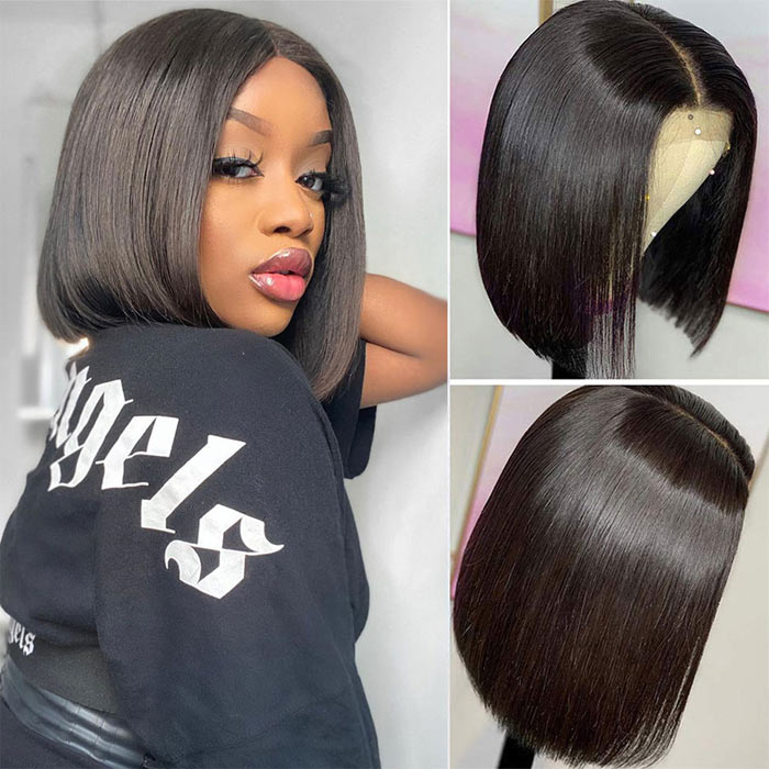 Bone Straight Short Bob Lace Front Wig Virgin Human Hair Pre Plucked