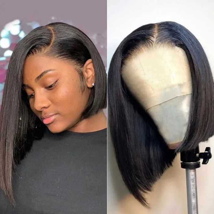 Bone Straight Short Bob Lace Front Wig Virgin Human Hair Pre Plucked