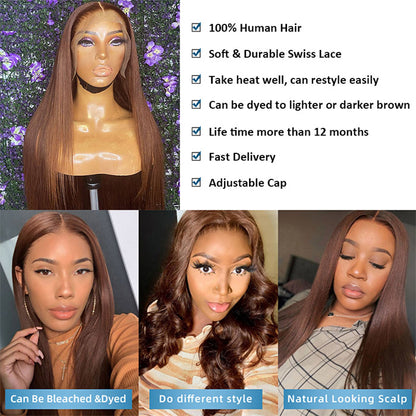 Brown Color Lace Front Wig Virgin Human Hair Straight 13x4 Lace Frontal Wigs for Women