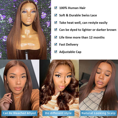 Brown Color Lace Front Wig Virgin Human Hair Straight 13x4 Lace Frontal Wigs for Women