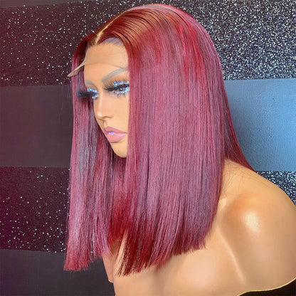 Color 99J Bob Lace Front Wig Human Hair Short 10-14" Lace Closure Wig For Women