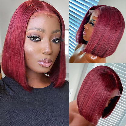 Color 99J Bob Lace Front Wig Human Hair Short 10-14" Lace Closure Wig For Women