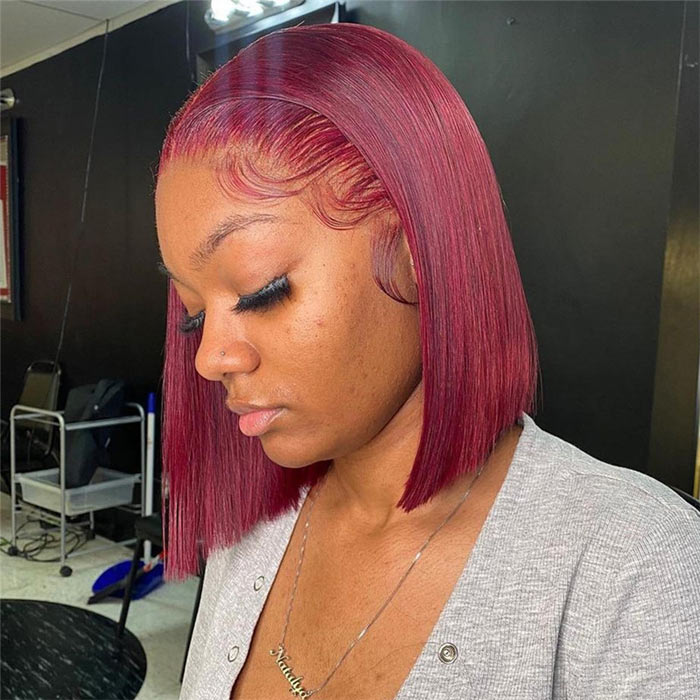 Color 99J Bob Lace Front Wig Human Hair Short 10-14" Lace Closure Wig For Women