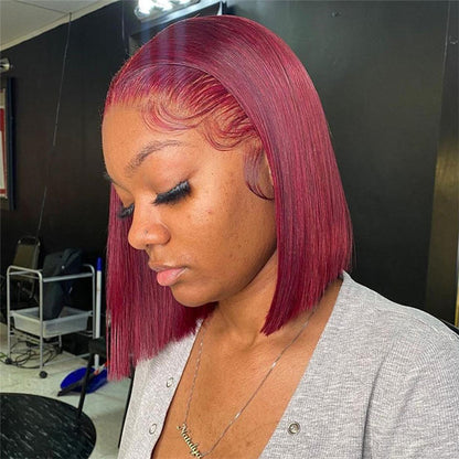 Color 99J Bob Lace Front Wig Human Hair Short 10-14" Lace Closure Wig For Women