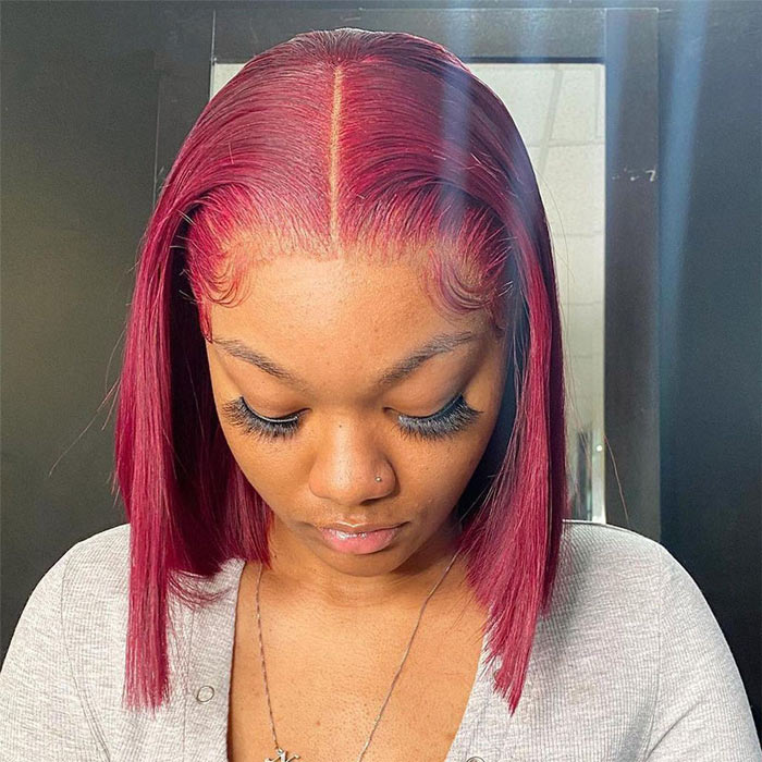 Color 99J Bob Lace Front Wig Human Hair Short 10-14" Lace Closure Wig For Women