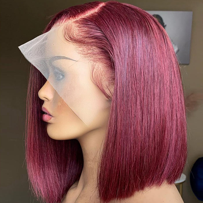 Color 99J Bob Lace Front Wig Human Hair Short 10-14" Lace Closure Wig For Women