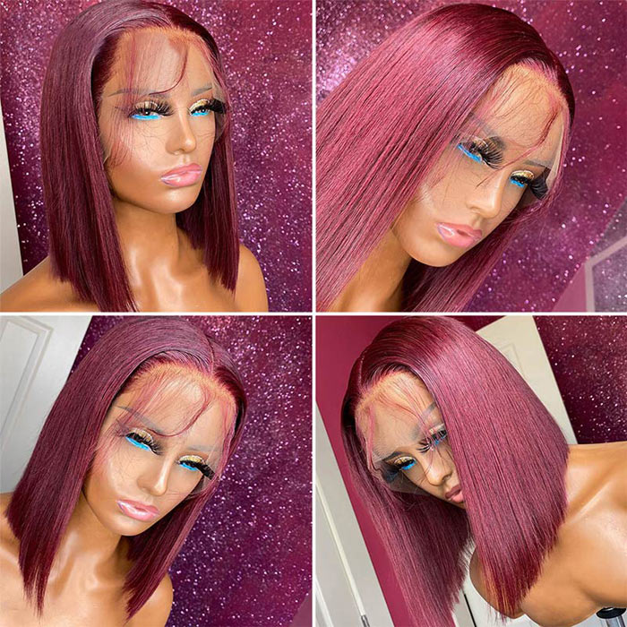 Color 99J Bob Lace Front Wig Human Hair Short 10-14" Lace Closure Wig For Women
