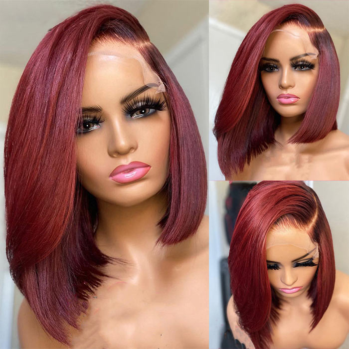 Color 99J Bob Lace Front Wig Human Hair Short 10-14" Lace Closure Wig For Women