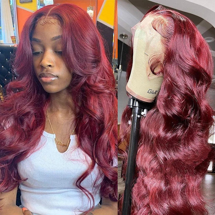 Color 99J Lace Front Wig Human Hair Body Wave Transparent Lace Frontal Wigs Pre Plucked