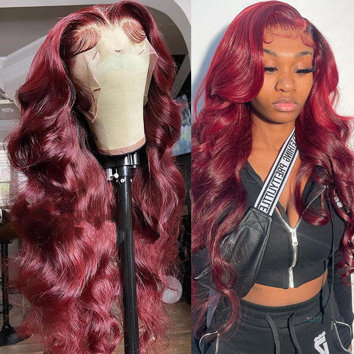 Color 99J Lace Front Wig Human Hair Body Wave Transparent Lace Frontal Wigs Pre Plucked