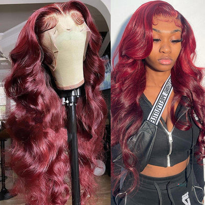 Color 99J Lace Front Wig Human Hair Body Wave Transparent Lace Frontal Wigs Pre Plucked