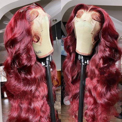 Color 99J Lace Front Wig Human Hair Body Wave Transparent Lace Frontal Wigs Pre Plucked