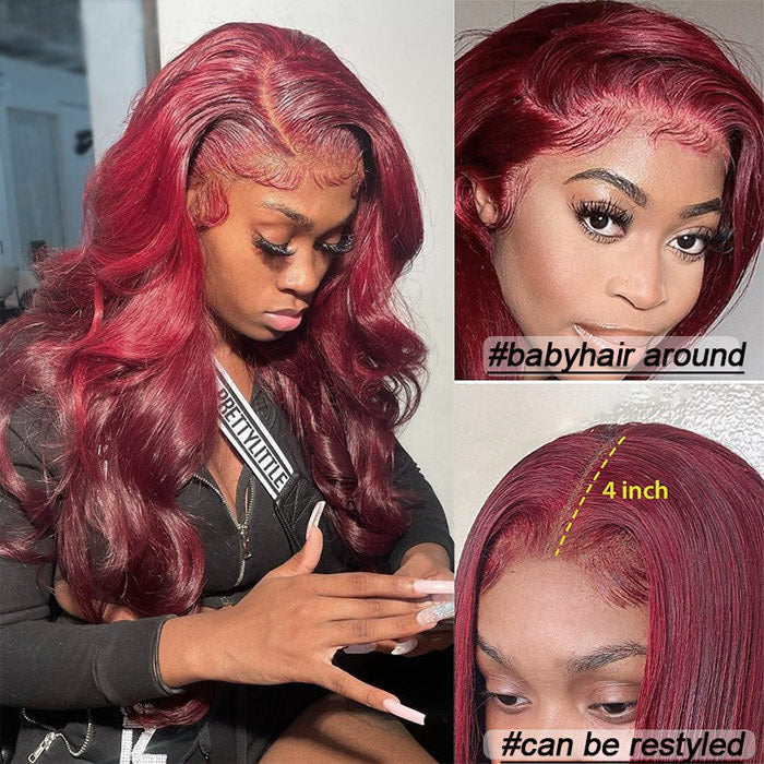 Color 99J Lace Front Wig Human Hair Body Wave Transparent Lace Frontal Wigs Pre Plucked