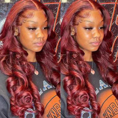 Color 99J Lace Front Wig Human Hair Body Wave Transparent Lace Frontal Wigs Pre Plucked
