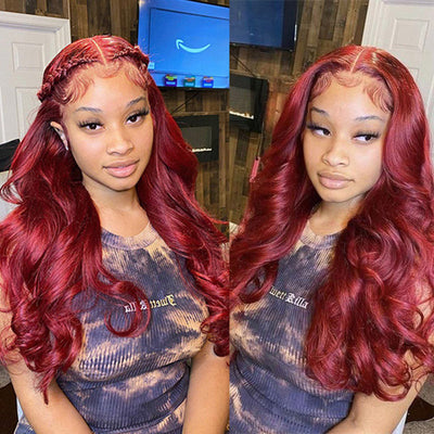 Color 99J Lace Front Wig Human Hair Body Wave Transparent Lace Frontal Wigs Pre Plucked