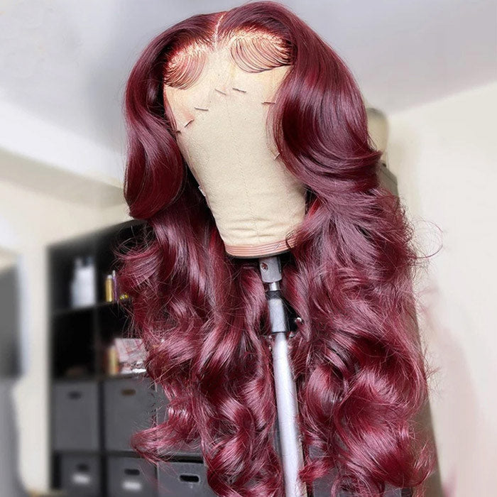 Color 99J Lace Front Wig Human Hair Body Wave Transparent Lace Frontal Wigs Pre Plucked