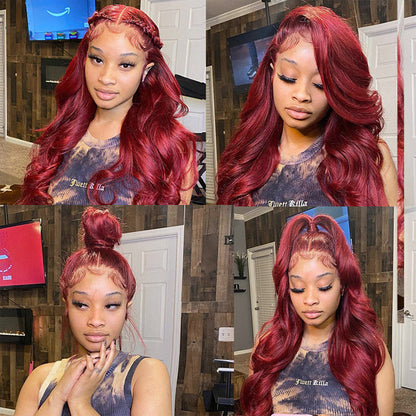 Color 99J Lace Front Wig Human Hair Body Wave Transparent Lace Frontal Wigs Pre Plucked