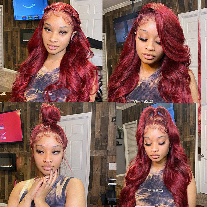 Color 99J Lace Front Wig Human Hair Body Wave Transparent Lace Frontal Wigs Pre Plucked