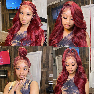 Color 99J Lace Front Wig Human Hair Body Wave Transparent Lace Frontal Wigs Pre Plucked