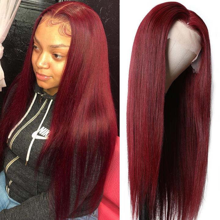 Color 99J Lace Frontal Wig Bone Straight 13x4 Lace Front Wigs with Baby Hair for Women