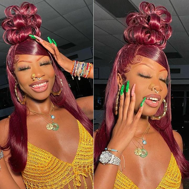 Color 99J Lace Frontal Wig Bone Straight 13x4 Lace Front Wigs with Baby Hair for Women