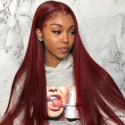Color 99J Lace Frontal Wig Bone Straight 13x4 Lace Front Wigs with Baby Hair for Women