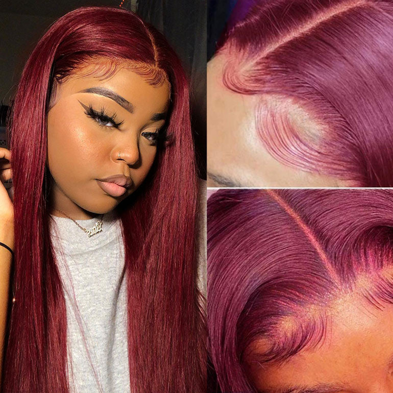 Color 99J Lace Frontal Wig Bone Straight 13x4 Lace Front Wigs with Baby Hair for Women
