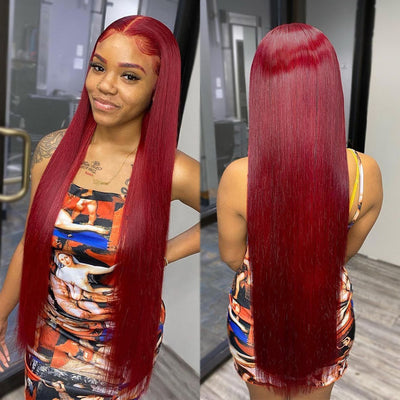Color 99J Lace Frontal Wig Bone Straight 13x4 Lace Front Wigs with Baby Hair for Women