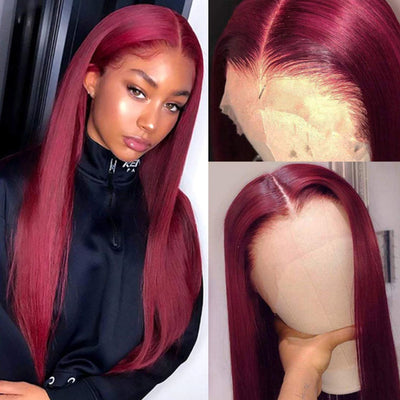 Color 99J Lace Frontal Wig Bone Straight 13x4 Lace Front Wigs with Baby Hair for Women