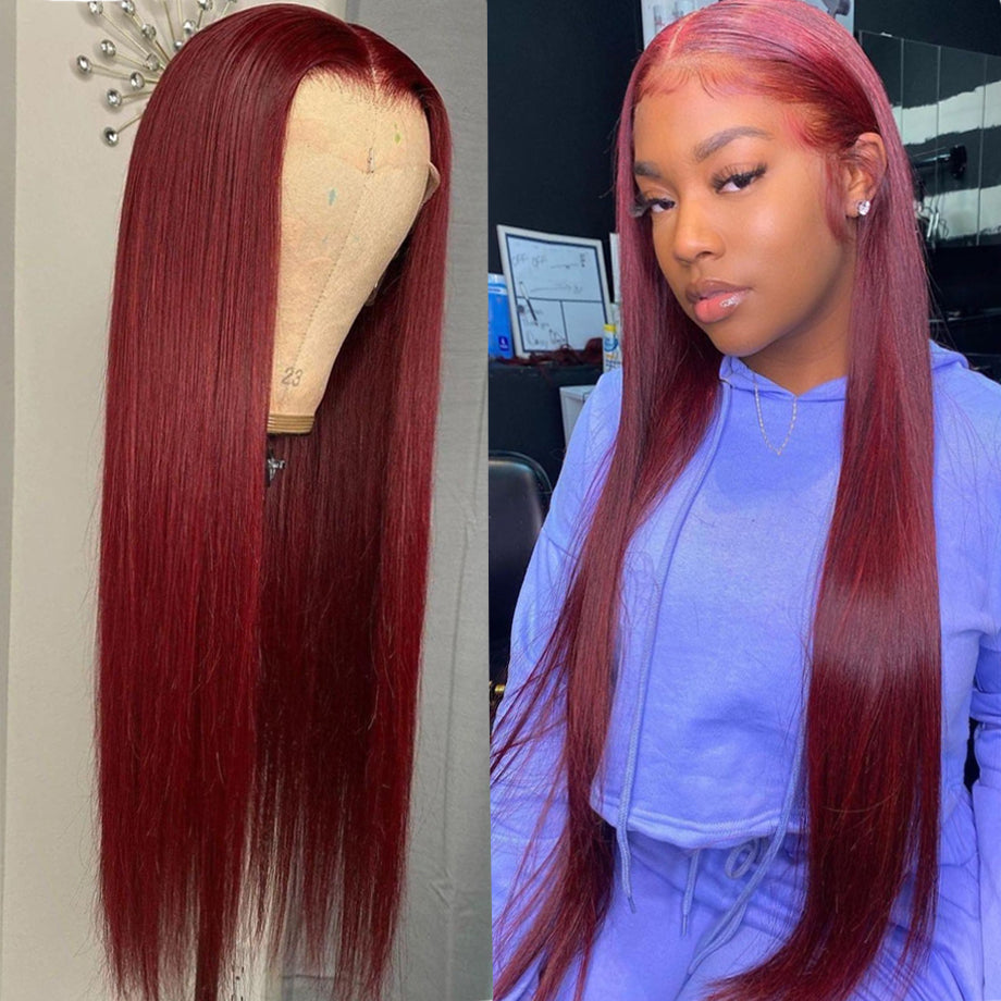 Color 99J Lace Frontal Wig Bone Straight 13x4 Lace Front Wigs with Baby Hair for Women