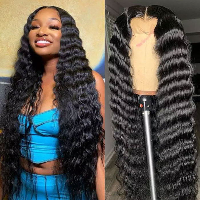 Deep Wave 4x4 Lace Closure Wig Virgin Human Hair 12"-32" Transparent Lace Wigs Bouncy Curl