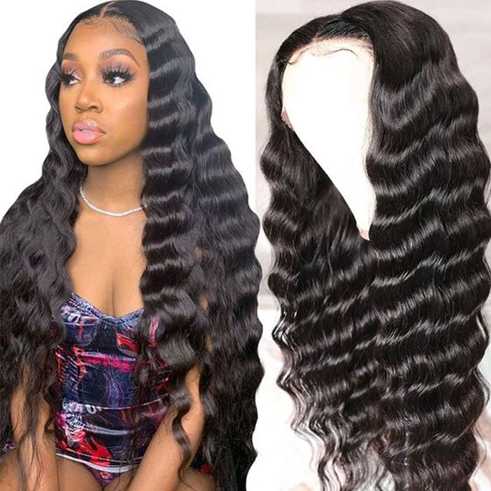 Deep Wave 4x4 Lace Closure Wig Virgin Human Hair 12"-32" Transparent Lace Wigs Bouncy Curl