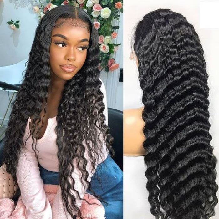 Deep Wave 4x4 Lace Closure Wig Virgin Human Hair 12"-32" Transparent Lace Wigs Bouncy Curl