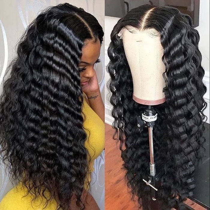 Deep Wave 4x4 Lace Closure Wig Virgin Human Hair 12"-32" Transparent Lace Wigs Bouncy Curl