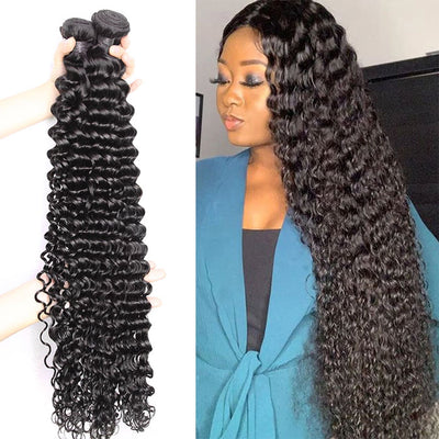 Deep Wave Lace Frontal with Bundles Virgin Human Hair 3 or 4 Bundles with Transparent Lace Closure