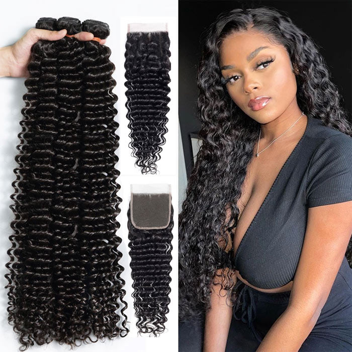 Deep Wave Hair Weave with Closure Transparent Lace Best Beauty Virgin Human Hair Bundles