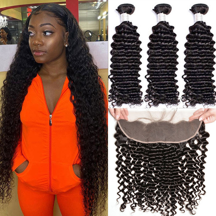 Deep Wave Lace Frontal with Bundles Virgin Human Hair 3 or 4 Bundles with Transparent Lace Closure