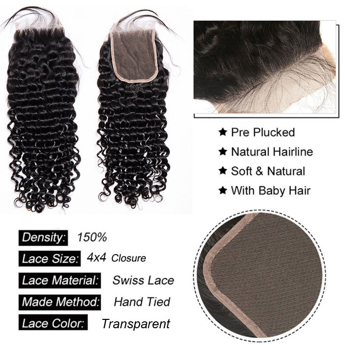 Deep Wave Transparent Lace Closure 12"-22" Virgin Human Hair 4x4 5x5 6x6 Closure Pre Plucked