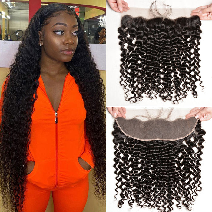 Deep Wave Virgin Human Hair 13x4 Ear By Ear Transparent Lace Frontal