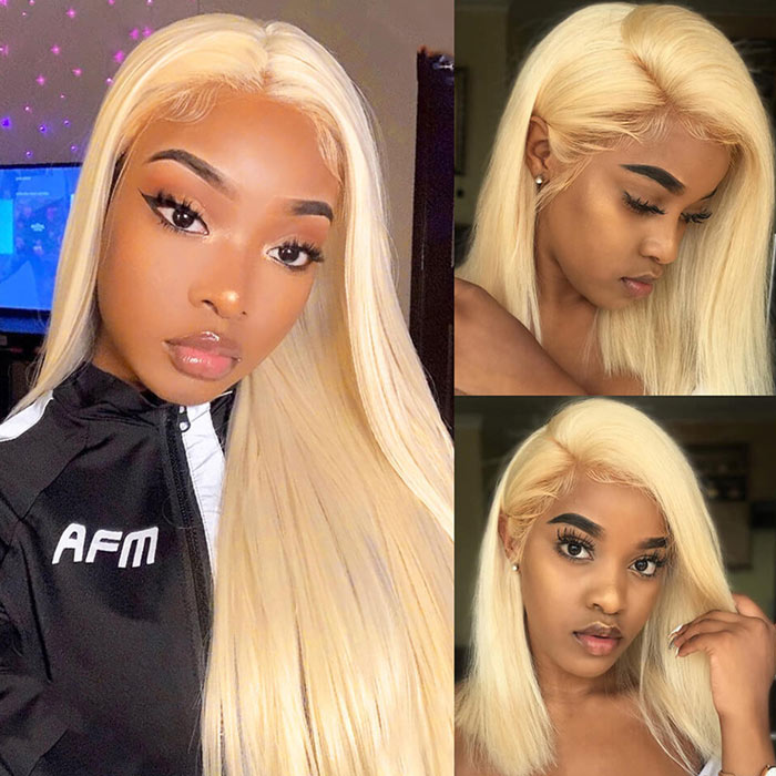 Honey Blonde 613 Color 4x4 Lace Closure Wig Pre Plucked Bone Straight Virgin Human Hair