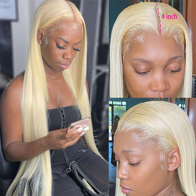 Honey Blonde 613 Color 4x4 Lace Closure Wig Pre Plucked Bone Straight Virgin Human Hair