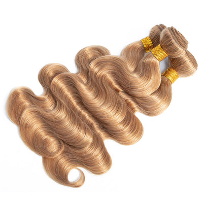 Honey Blonde Color 27 Body Wave Hair Bundles with Transparent Lace Closure Virgin Human Hair