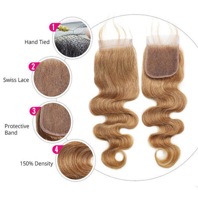 Honey Blonde Color 27 Body Wave Hair Bundles with Transparent Lace Closure Virgin Human Hair